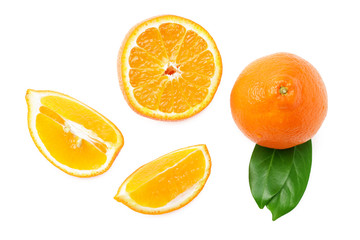 sliced orange with green leaf isolated on white background top view
