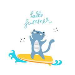 hello summer. cartoon cat on a surfboard, hand drawing lettering, decor elements. Summer colorful illustration for kids, flat style. baby design for cards, t-shirt print