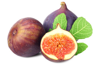 Fig fruits with green leaf and slices isolated on white background