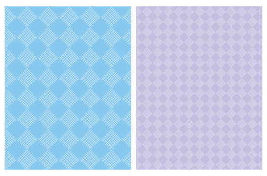 Simple Abstract Geometric Seamless Vector Pattern. White Hand Drawn Diamond Shape Elements Isolated on a Blue and Violet Backgrounds. Infantile Style Irregular Geometric Vector Print. 