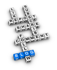 Social Media Feedback Activity Word Cloud. 3D cubes crossword puzzle on white background.