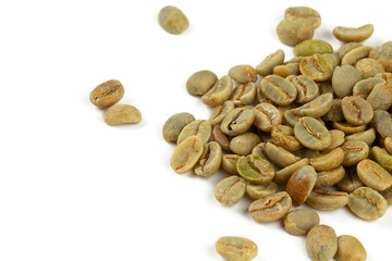 green coffee beans isolated on white background