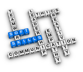 Personal Soft Skills Concept Word Cloud. 3D cubes crossword puzzle on white background.