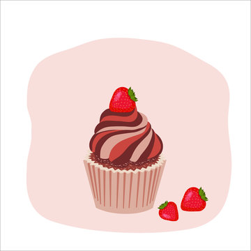 Label, a set of logos for the menu of a restaurant, bakery and confectionery. Birthday greeting card. Cupcake with strawberries, vector