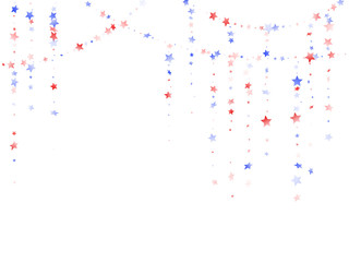 Flying red blue white star sparkles on white vector american patriotic background.