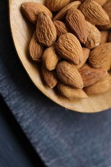 Almonds nuts close-up in a wooden spoon on a wooden brown  background.Raw almonds.Vegetarian and vegan food.Healthy food.