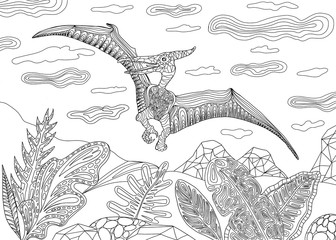 Dinosaur Pterodactyl in tropical leaves coloring page. Hand drawing coloring book for children and adults. Line art. Dinosaur Outline. Beautiful drawings with patterns and small details.  Doodle. © Chris