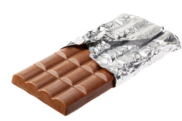 milk chocolate in foil isolated on white background
