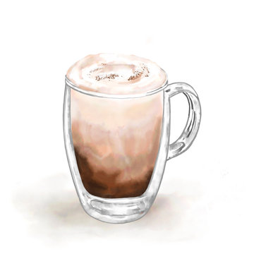 Cappucino in double wall glass. Hand painted watercolor coffe with thick milk foam and cinnamon. Isolated on white background. Design for banners, posters, cafe, restaurant, menu. Latte, mocha.