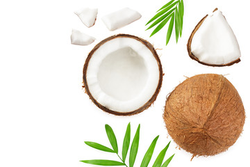 Fototapeta na wymiar half coconut with green leaves isolated on white background top view