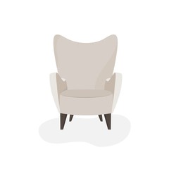 Vector cartoon flat illustration of modern beige armchair isolated on white background. Front view on leather upholstery armchair for design interior, home decoration. Cushioned furniture, soft chair.