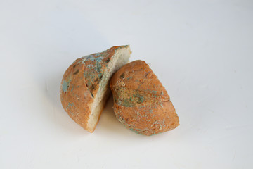 Slices of moldy bread. Rotten and nasty. Located on a white background. An ugly product you cannot eat.