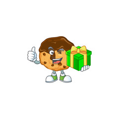 Cute chocolate chips with cream character holding a gift box