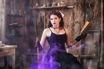 A young witch with a book in her hands cooks a potion in a large black cauldron, emitting magical purple smoke.