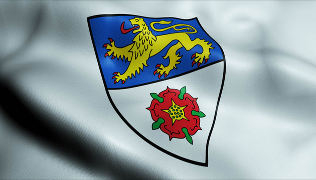 3D Waving Germany City Coat of Arms Flag of Erkelenz Closeup View