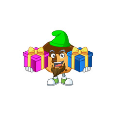 A charming chocolate chips with cream cartoon mascot style with two boxes of gifts