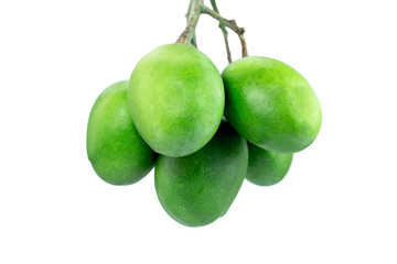 raw green mangoes on white background
