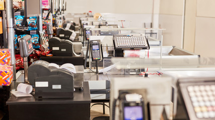 Row of cash registers as scanner cash registers