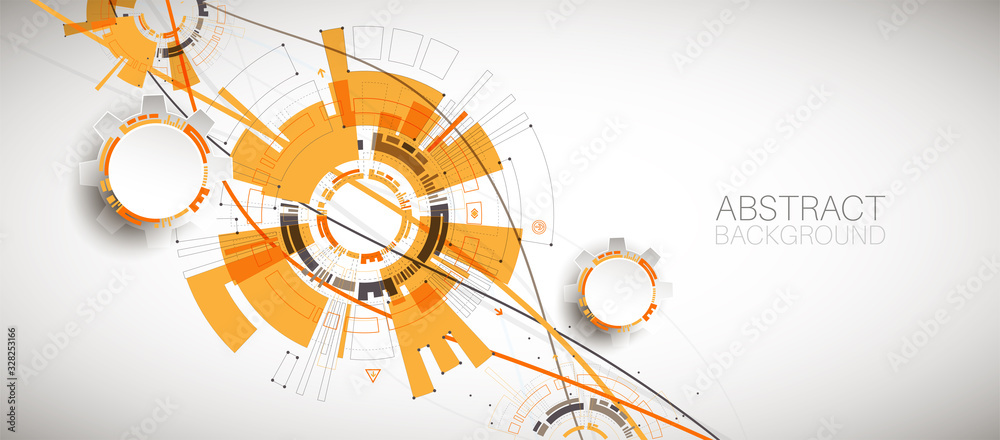 Wall mural abstract orange colored technology background with various technological elements.