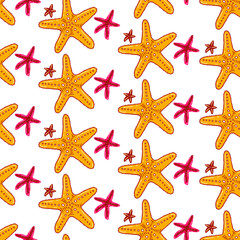 Fototapeta na wymiar Sea starfishes on isolated on white background. Design for greeting card, summer holidays, beach parties, tourism and travel. Cute cartoon style. Seamless vector pattern. 