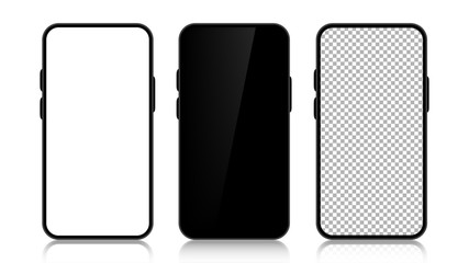 Three realistic smartphone mockup set. Mobile phone blank, white, transparent screen design on white background. Black frame. Vector illustration.