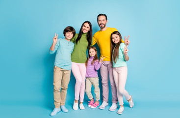Full length body size view of nice attractive lovely glad cheerful cheery family pre-teen kids...
