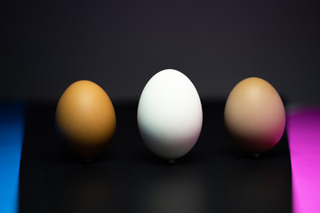 many eggs are in Colorful ( black, blue, pink ) background. Easter Egg Concept and Dark Concept