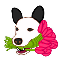 Cartoon cute dog character holding bouquet of flowers in teeth - red tulips. Vector illustration. Design for greeting card, fashion prins, gift paper.