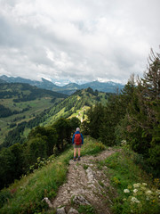 Fototapeta premium Female hiker standing in in forested mountains enjoying the scenic view