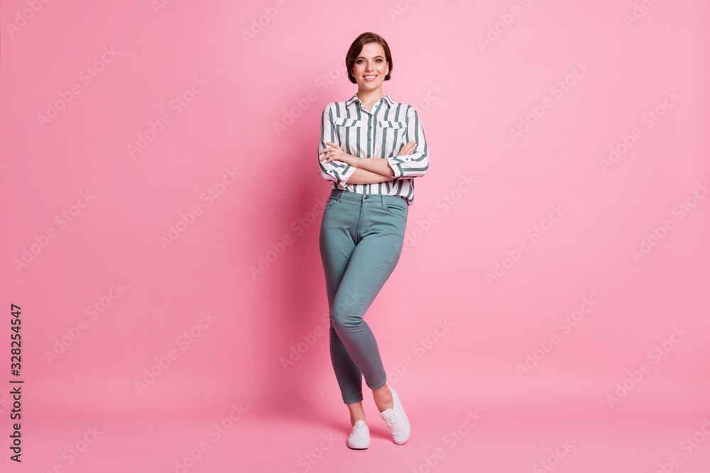 Wall mural Full size photo of positive satisfied pretty worker girl cross hands ready work decide decisions wear trend clothes isolated over pink color background