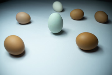 Many eggs are in a white table.