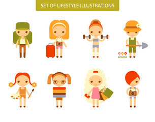 Lifestyle set with flat people. Character occupation vector illustrations.