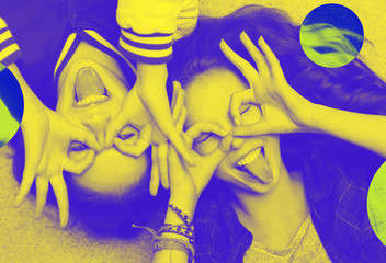 people and friendship concept - happy teenage girls having fun and making faces, trendy duotone...