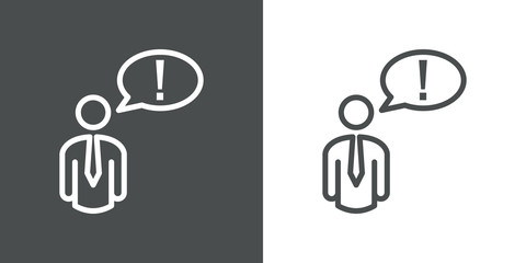Símbolo atención. Icono plano lineal hombre con exclamación en globo en fondo gris y fondo blanco