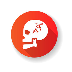 Skull fracture red flat design long shadow glyph icon. Cranial bone break. Dangerous head injury. Emergency. Accident. Trauma, wound. Healthcare. Medical condition. Silhouette RGB color illustration