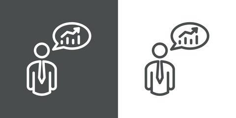 Presentación de datos financieros. Icono plano lineal hombre con gráfica en globo en fondo gris y fondo blanco