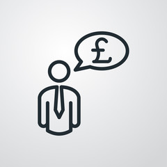 Icono plano lineal hombre con símbolo libra en globo en fondo gris