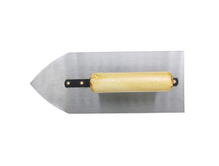 Closeup a new Metallic Trowel isolated on white background. Single Metallic Trowel with wooden handle