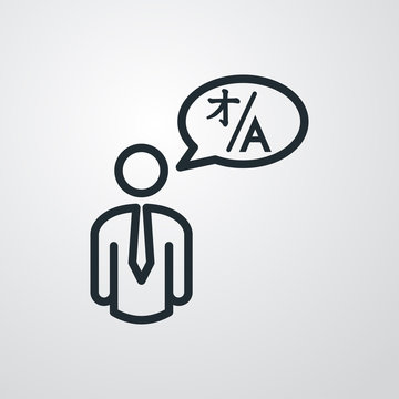 Icono plano lineal hombre con s&iacute;mbolo traducir en burbuja de habla en fondo gris