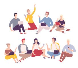 Fototapeta na wymiar People with Digital Gadgets Set, Smiling Men and Women Sitting and Communicating with Smartphone, Tablet, Laptop Flat Vector Illustration
