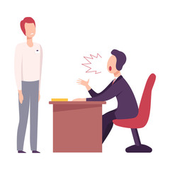 Obraz premium Rude Boss Threatening and Yelling to Male Office Worker, Stressful Working Environment Flat Vector Illustration