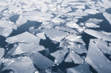 Fragments of melting ice float on a sea water