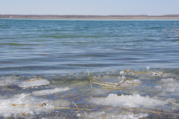 Spring landscape with a lake covered by melting snow, the remains of yellow reeds and a clear sky. Landscape with melting ice on the surface of the lake