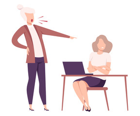 Rude Female Boss Threatening and Yelling to Female Office Worker, Frightened Employee Shocked by Furious Manager, Stressful Working Environment Flat Vector Illustration