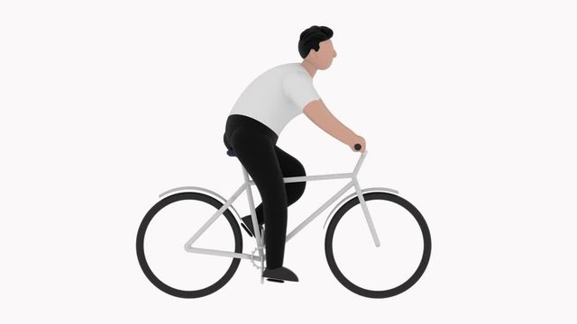 Cartoon man riding a bicycle on a white background. Seamless looped motion graphic animation, isolated.
