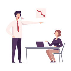 Rude Boss Yelling to Female Office Worker, Stressful Working Environment Flat Vector Illustration