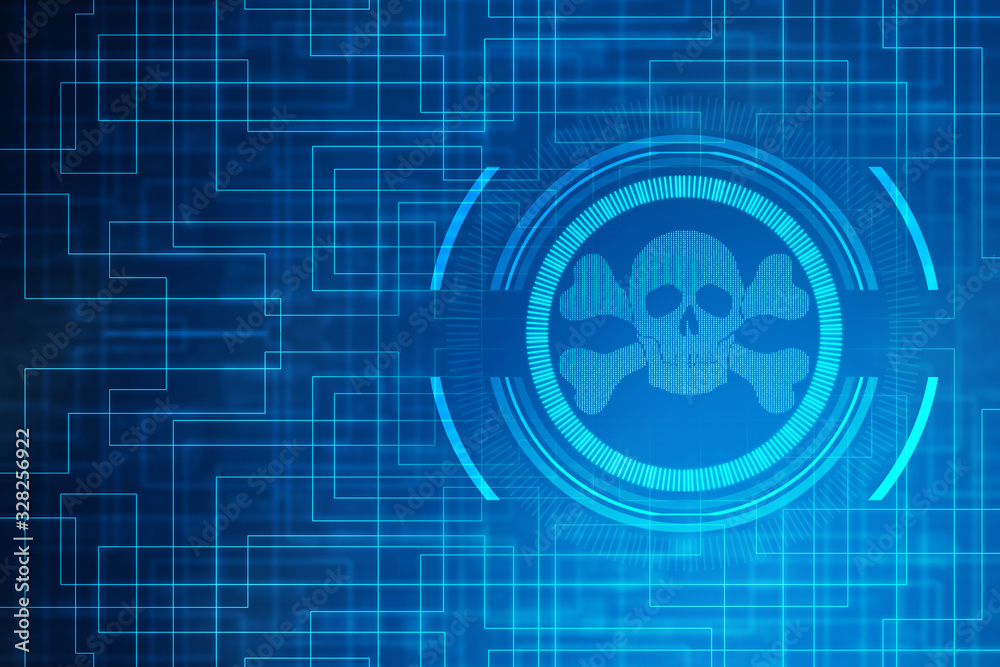 Poster 2d rendering digital skull and crossbones on binary code