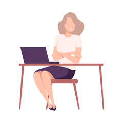 Fototapeta na wymiar Shocked Female Office Character Sitting at the Desk, Stressful Working Environment Flat Vector Illustration