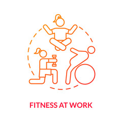 Fitness at work red concept icon. Meditate and strech. Woman exercising at work. Physical pain relief. Prevent burnout idea thin line illustration. Vector isolated outline RGB color drawing