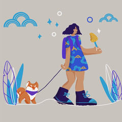 Girl and dog enjoy walking. Vector flat cartoon illustration. Summer outdoor concept.